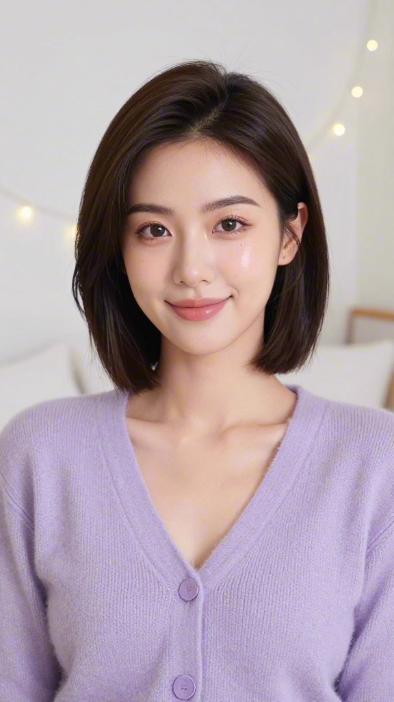Input portrait of a woman in a lavender cardigan