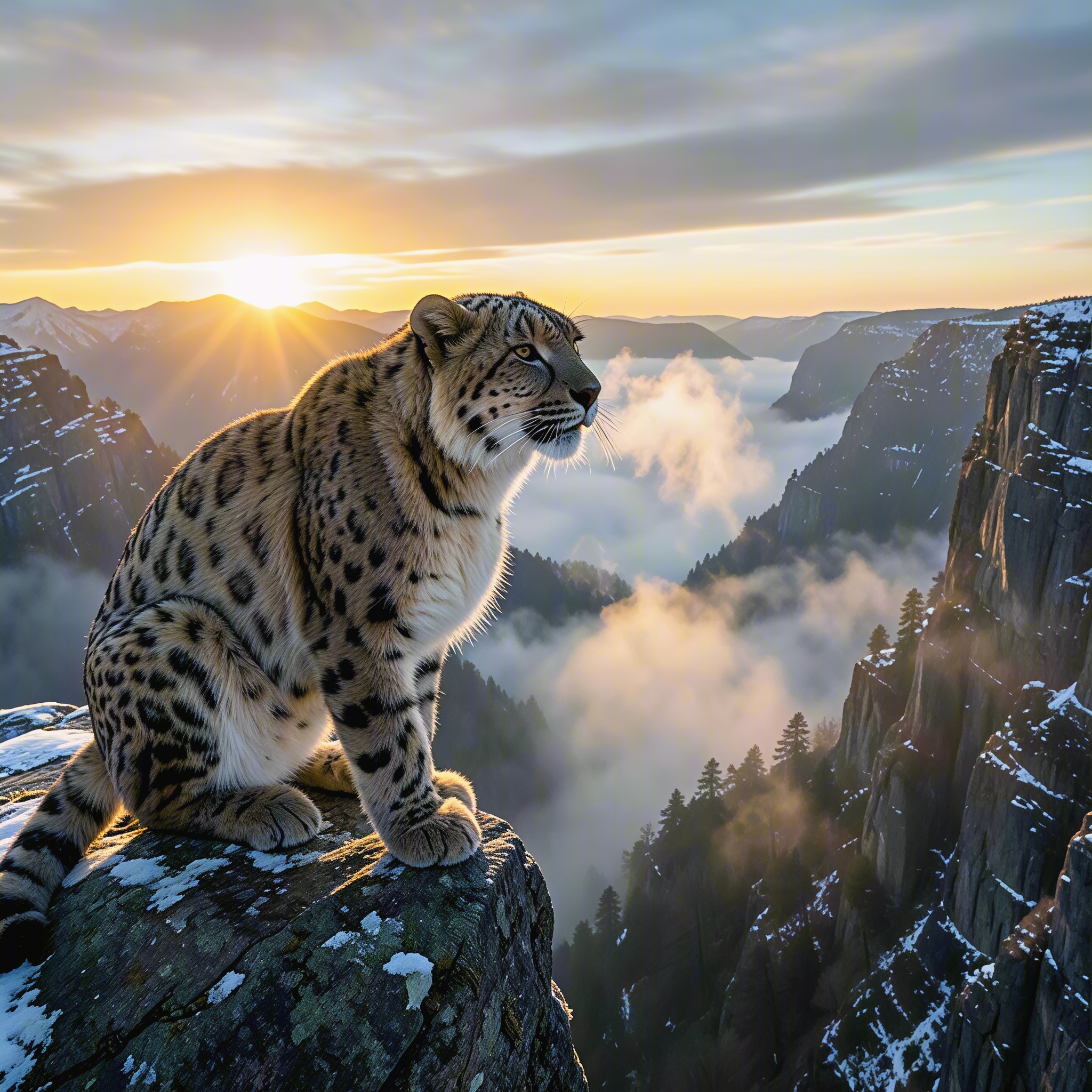 AI-generated snow leopard above a misty mountain valley at sunrise.