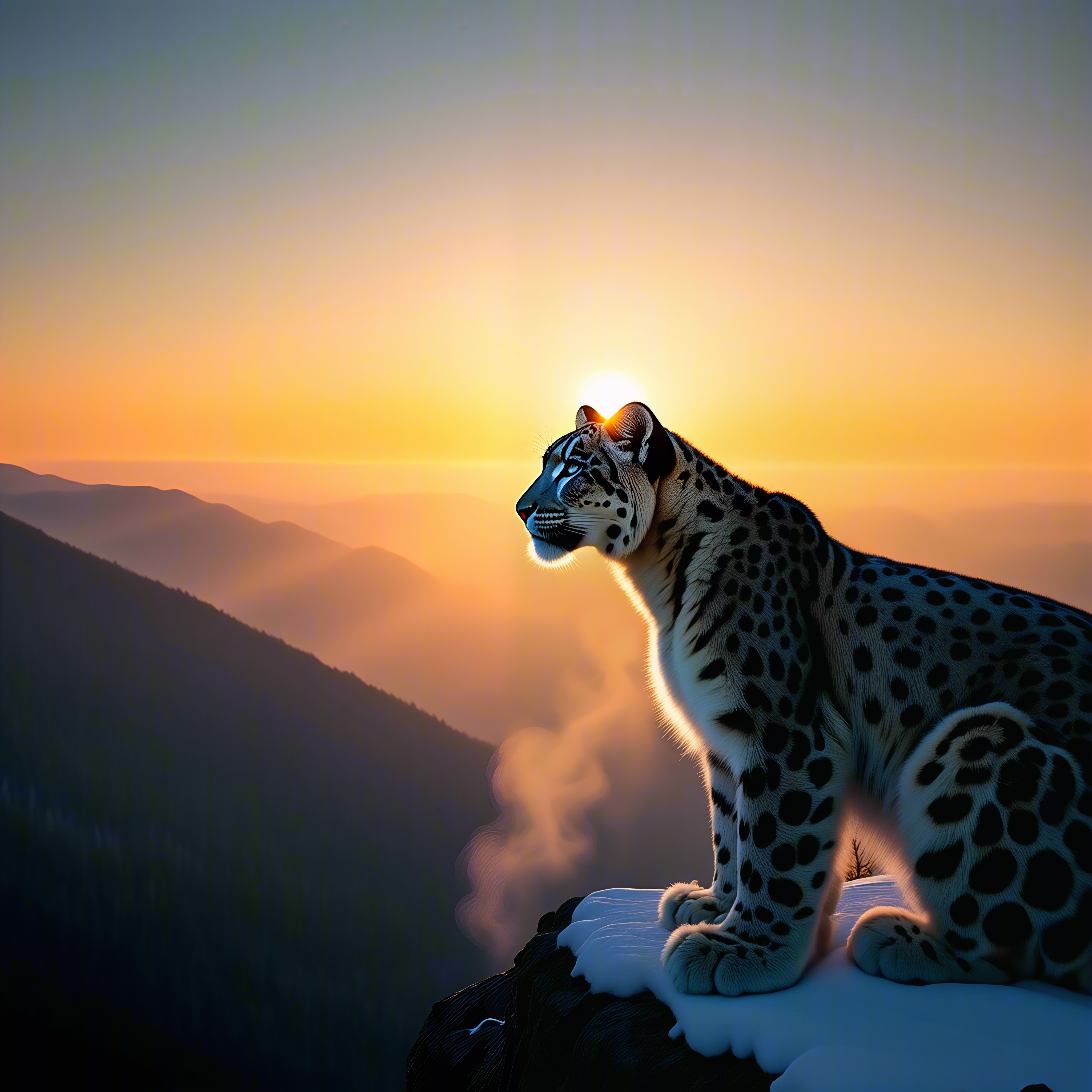 AI-generated side view of a snow leopard against a warm orange sunrise.