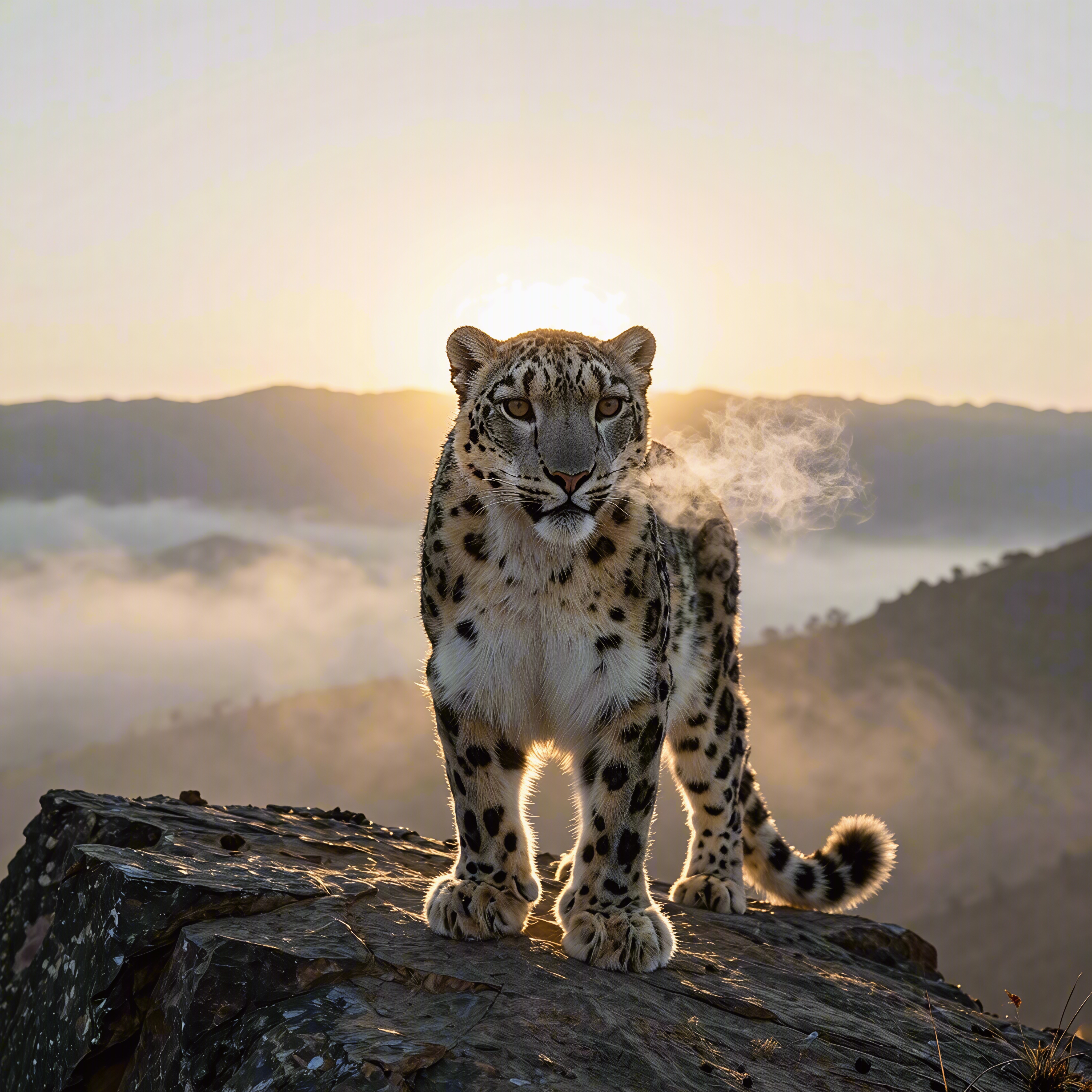 AI-generated snow leopard facing forward on a cliff in soft sunrise light.